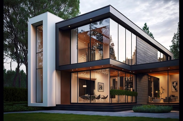 Photo contemporary exterior house with glass walls with living room dining room and bedroom