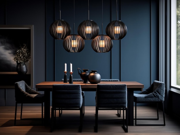 Contemporary furniture enriches the black dining room's design AI Generation