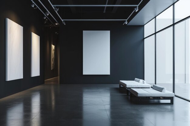 Contemporary Gallery Interior Blank Banner Mockup in 3D Rendered Museum Room