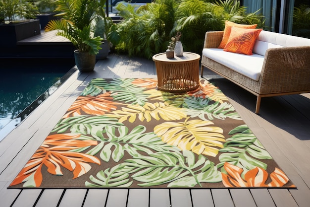 Contemporary garden rug for outdoors with botanical motifs