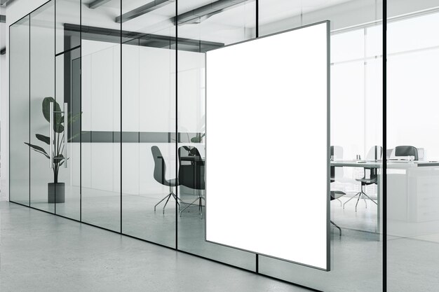 Contemporary glass meeting room interior with empty white mock up banner and panoramic window and city view 3D Rendering