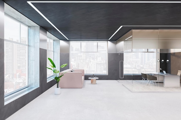 Современный стеклянный офисный интерьер с панорамным окном и видом на город, коридорная мебель, дневное освещение и оборудование Рабочее место и корпоративная концепция 3D рендеринг