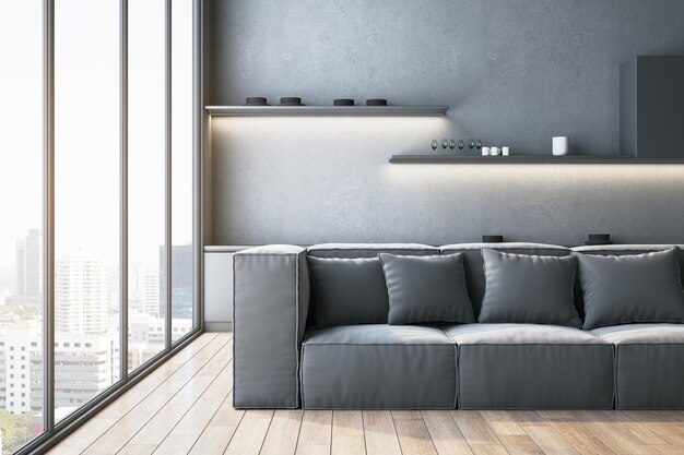 contemporary gray couch in kitchen with panoramic window and city view 3d rendering