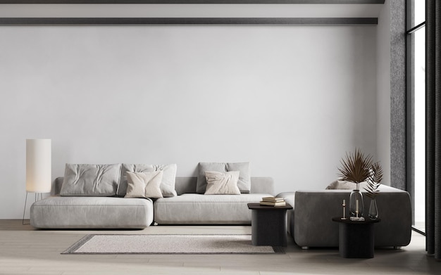 Contemporary gray white interior with furniture and decor 3d render illustration mockup