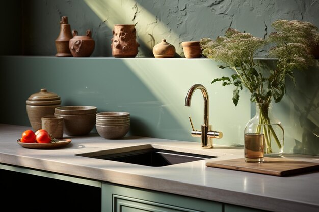 Contemporary highend kitchen with a sage green counter cabinet sink and induction stove