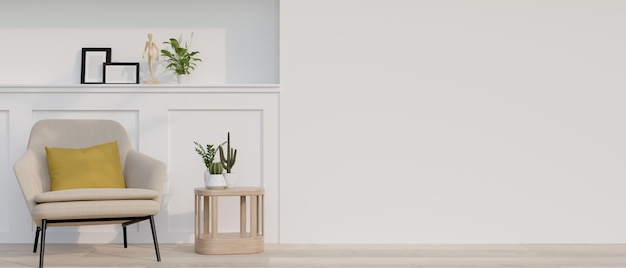 A contemporary home corridor features an armchair a side table a white wall and parquet flooring