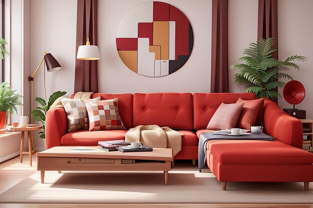 ニュートラルカラーのリビングルームのリアルなイラストに赤いソファのアクセントを加えた現代的なホームインテリアデザイン要素