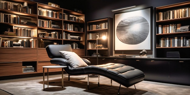 A contemporary home library featuring a bold chaise lounge and dramatic lighting