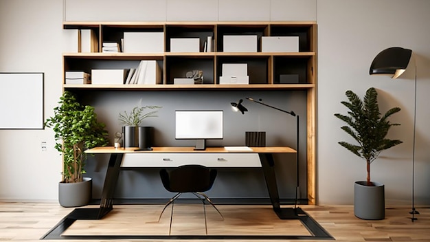 Contemporary home office with a floating desk and builtin storage