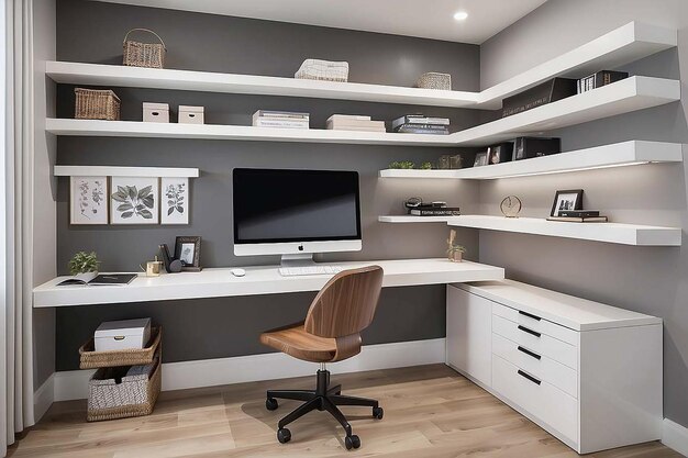 Contemporary home office with a floating desk and builtin storage