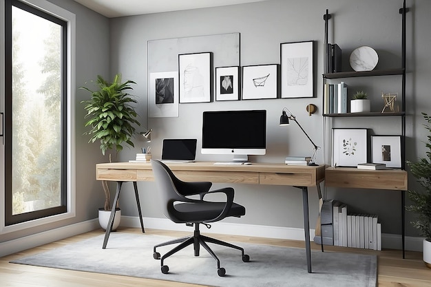 Contemporary home office with a minimalist desk and ergonomic chair