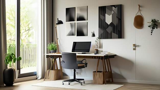 Contemporary home office with a standing desk and modern artwork