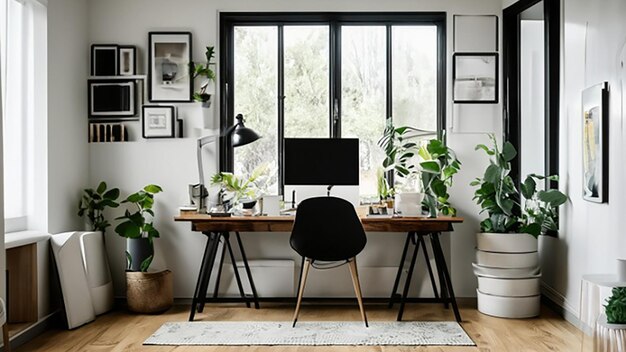 Photo contemporary home office with a standing desk and modern artwork