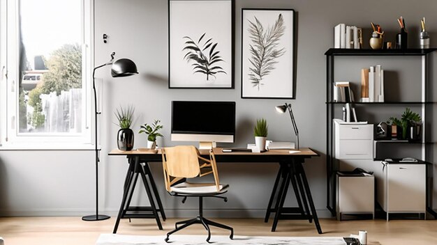 Contemporary home office with a standing desk and modern artwork