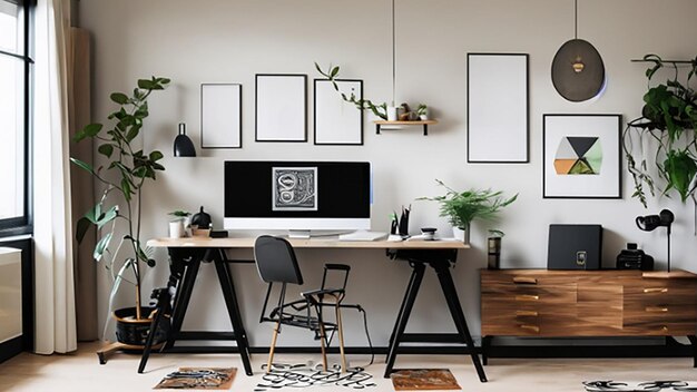 Contemporary home office with a standing desk and modern artwork
