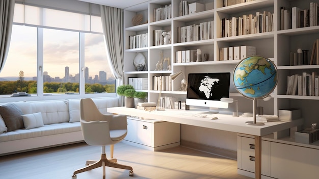 白いデスクを備えた現代的なホームオフィス