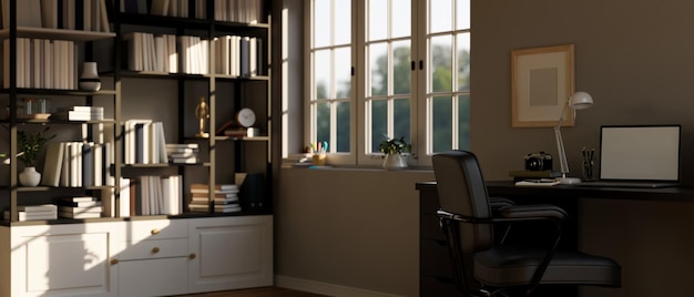 Contemporary home working room interior with laptop mockup on working table bookshelves