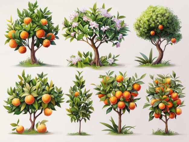 백색 배경에 오렌지 나무의 현대적인 일러스트레이션 생성 AI