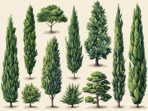 Contemporary Illustrations of Cypress Trees on White Background Generative AI