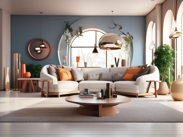 3D ビジュアライゼーションの背景で家具と装飾を備えた現代的な室内スペース