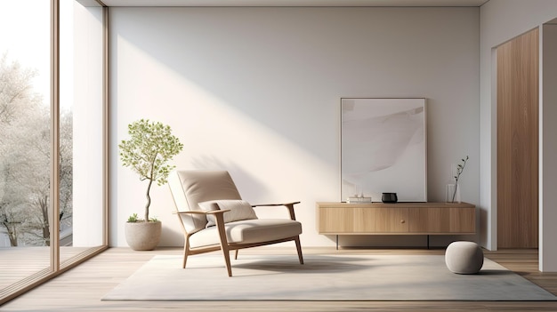 ミニマリストな家具と窓のそばの快適な椅子を備えた現代的な室内スペース