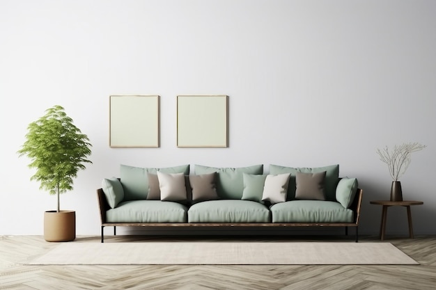 Современный дизайн интерьера для 3-х рамок для постеров в гостиной, макет с зеленым диваном, деревянным горшком и торшером