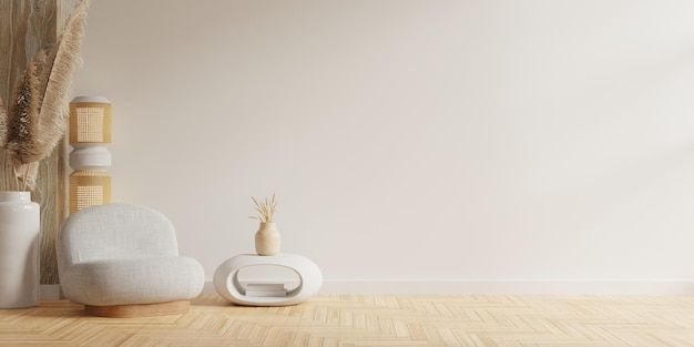 Современный дизайн интерьера с серым креслом на фоне пустой стены белого цвета