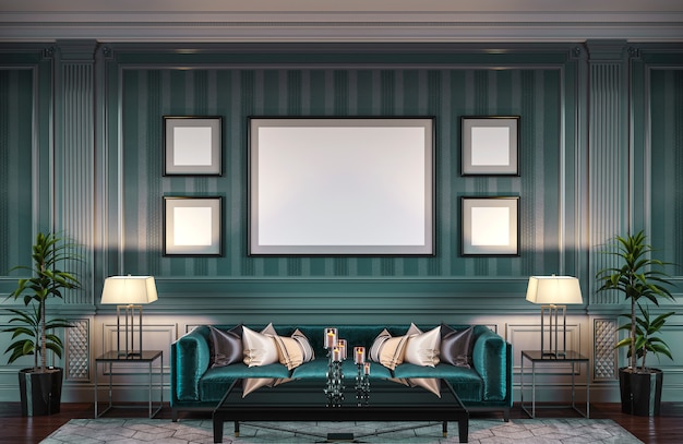 Contemporary interior in green tones with a sofa and striped wallpaper. 3d rendering