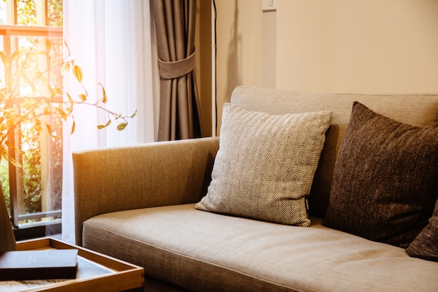 contemporary interior of Living room with part of sofa in sunny day