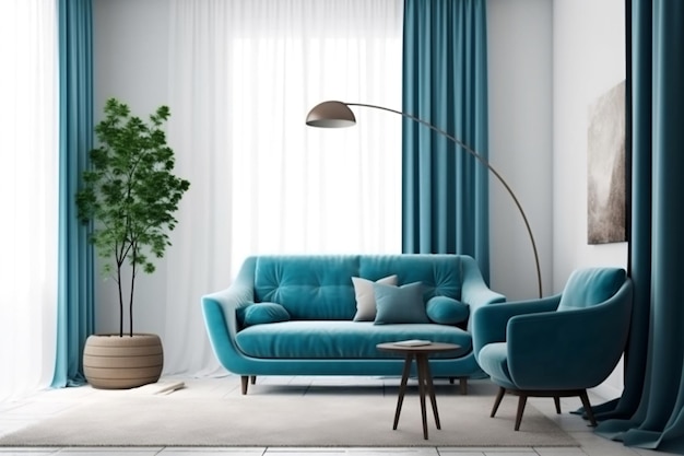 Contemporary Interior with Blue Sofa and Curtains Generative AI