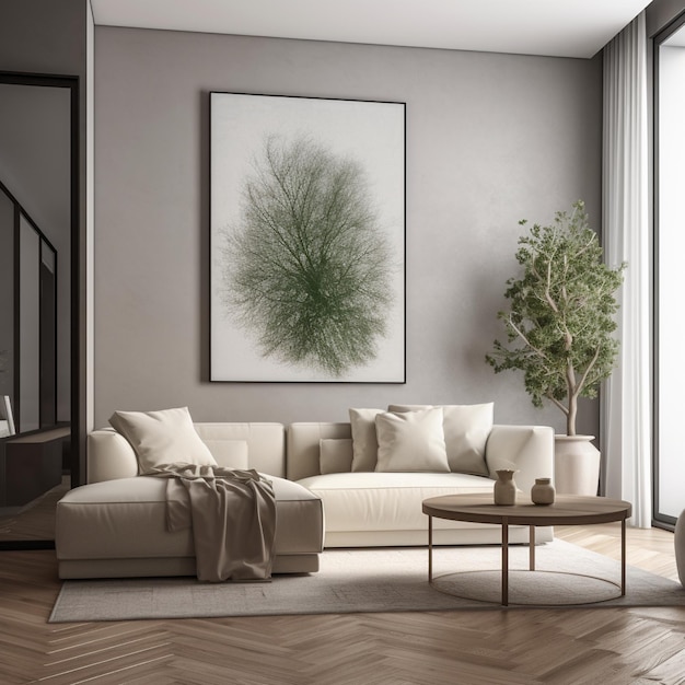 Contemporary interior with white sofa and vertical frame mockup