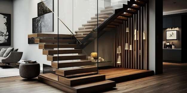 Современная внутренняя деревянная лестница в доме в гостиной
