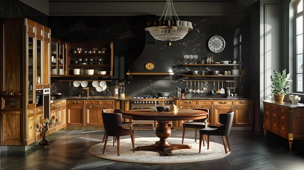 A contemporary kitchen design boasting a chic wooden dining arrangement against a backdrop of a dark classic wall infusing the space with warmth and elegance