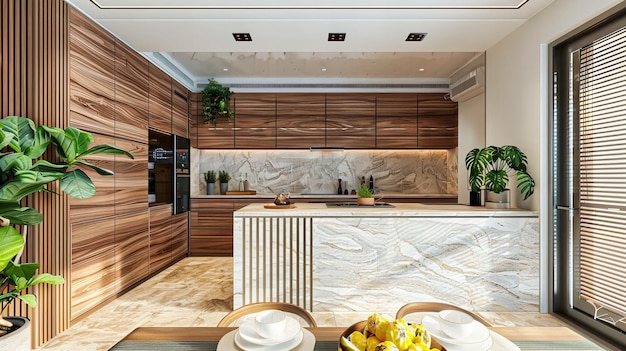 Contemporary Kitchen Design with Luxurious White Decor and Wooden Accents Providing a Bright and Spacious Area for Cooking and Dining