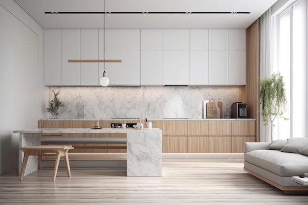 Contemporary kitchen featuring a sleek marble countertop Generative AI