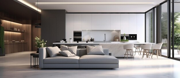 Of contemporary kitchen and living room interior