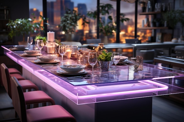 contemporary kitchen with a modern touch illuminated by purple led lights