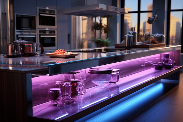 Photo contemporary kitchen with a modern touch illuminated by purple led lights