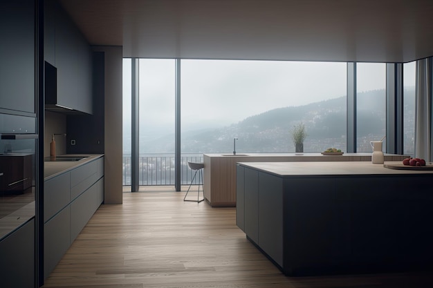 Contemporary kitchen with panoramic mountain view