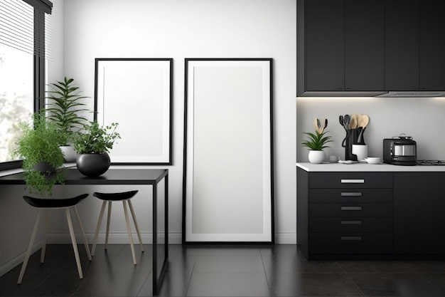 A contemporary kitchen with two empty vertical picture frames interior design mockup in a modern aesthetic Poster or photo space is available Concrete floor black kitchen furniture