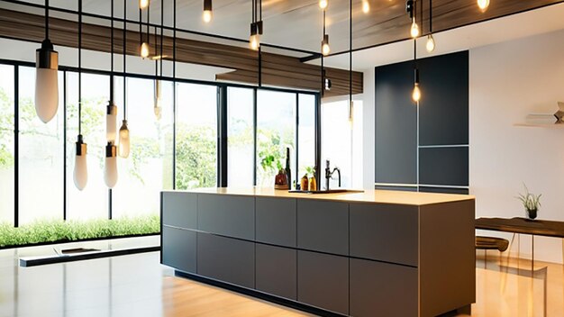 Contemporary kitchen with a waterfall countertop and pendant lights