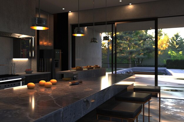 Contemporary kitchen with waterfall edge counterto