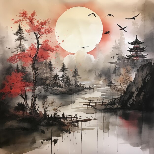 Photo contemporary landscape sumie ink painting