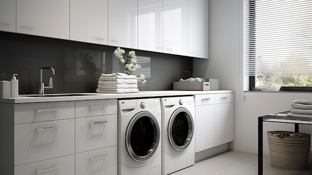 Contemporary Laundry Room with White Cabinets