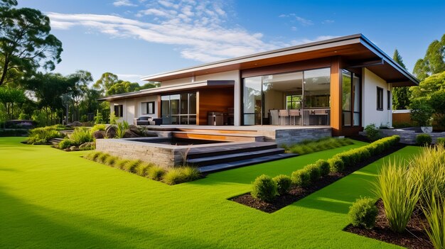 Photo contemporary lawn turf with landscaping in front yard