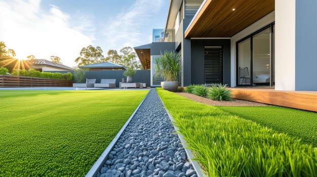 Contemporary Lawn Turf with Wooden Edging