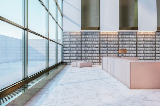 Современный интерьер библиотеки с высокими книжными полками, панорамными окнами, гостиной и блестящим кафельным полом 3D Rendering