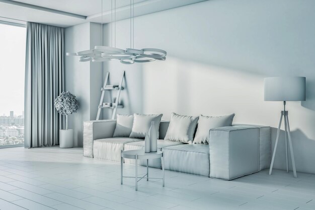 contemporary light minimalistic living room interior with curtains window and city view furniture and daylight 3d rendering