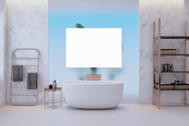 Contemporary light stylish bathroom interior with bathtub blank white mock up banner and other items 3D Rendering