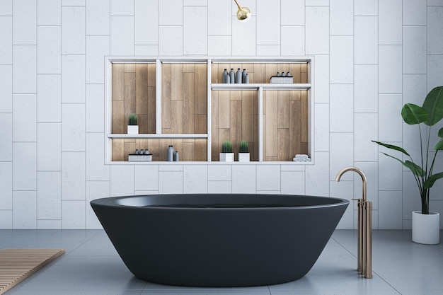 contemporary light tile luxury bathroom interior with bath tub shelves and decorative items 3d rendering